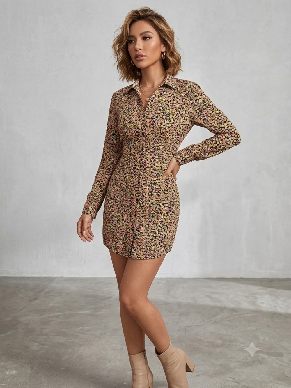 Floral Button-Front Shirt Dress in Black and Pink